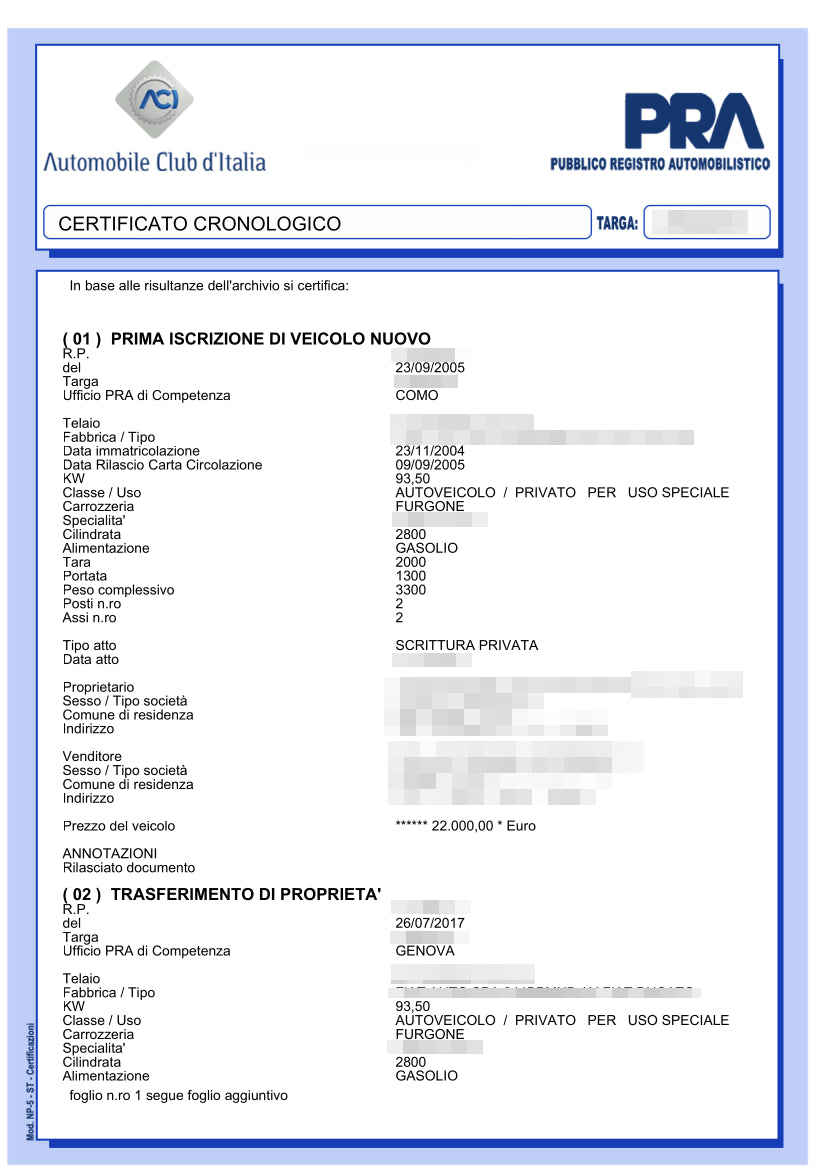 Certificato cronologico PRA Online