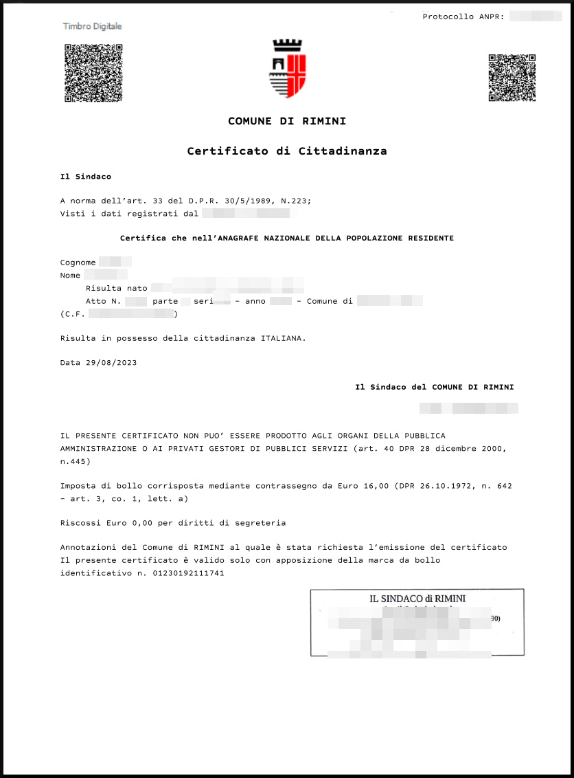 Certificato di cittadinanza online