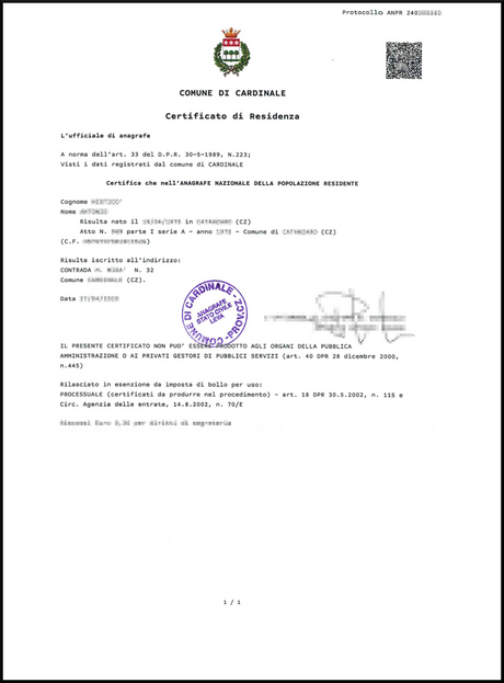 certificato di residenza Storico Online